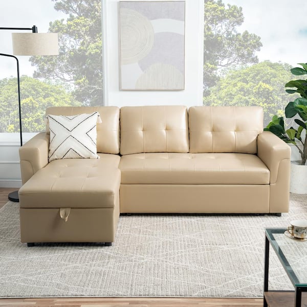 MAYKOOSH 85.4 in. Square Arm 1-Piece Air Leather L-Shaped Sectional Sofa in Beige with Chaise