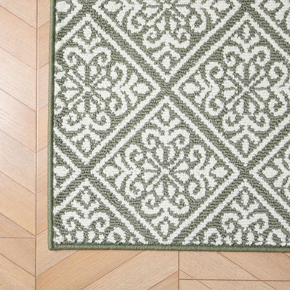 Ivory and Sage Geometric Tufted Runner Rug, 60" x 25"