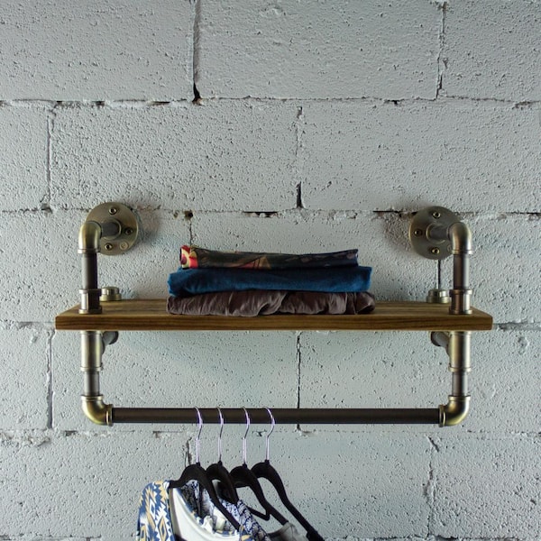 OS Home and Office Furniture Rustic Bronze Pipe with Reclaimed-aged Wood Shelf and Clothing Rack
