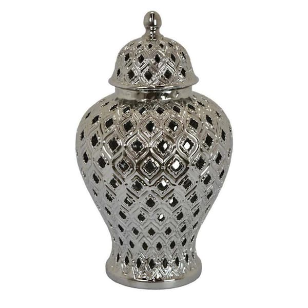 Benjara Porcelain Jar with Carved Lattice Design