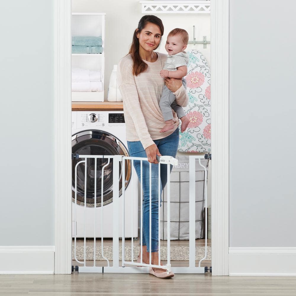 White Metal Pressure Mounted Walk Through Baby Gate