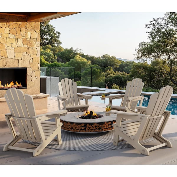 Adirondack Chair 4-set HDPE All-Weather Outdoor Fireproof with Oversized Seat Wood-Textured Dual Cup Holders, Champagne
