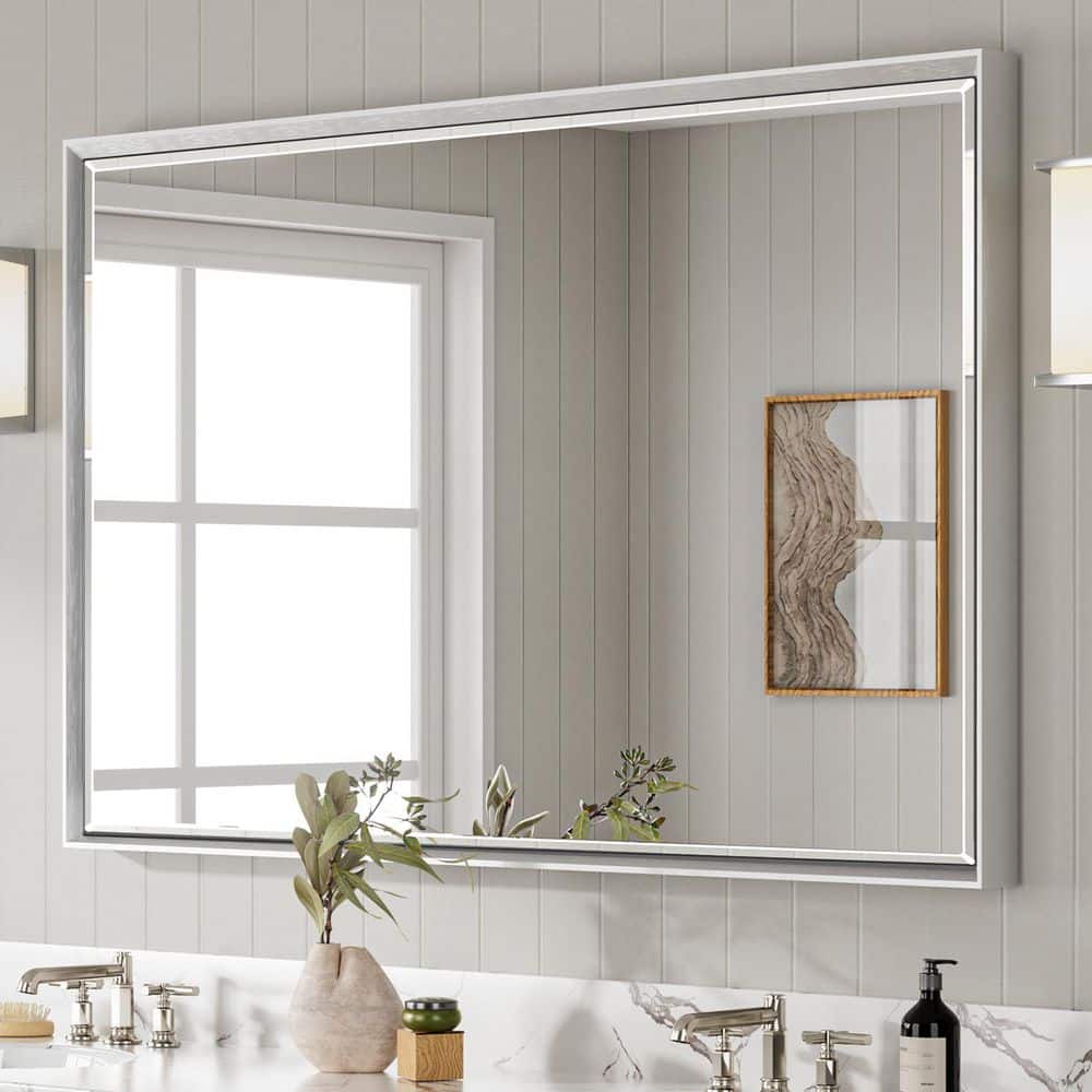 48 in. W x 30 in. H Framed Rectangular Beveled Edge Bathroom Vanity Wall Mount Mirror in Brushed Silver price history on PriceWatchPro