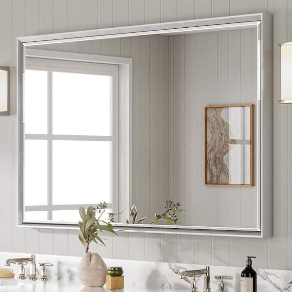 QueenFun 48 in. W x 30 in. H Framed Rectangular Beveled Edge Bathroom Vanity Wall Mount Mirror in Brushed Silver
