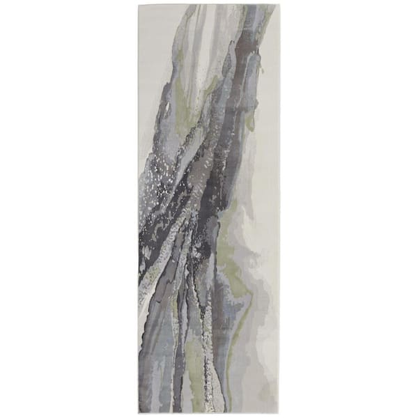 HomeRoots 2 ft. x 8 ft. Green and Purple and Ivory Abstract Area Rug