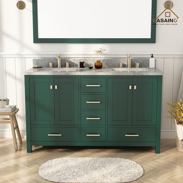 CASAINC 60 in. W. x 22 in. D x 35.4 in. H Double Sink Bath Vanity in Green with White Marble Top and Basin