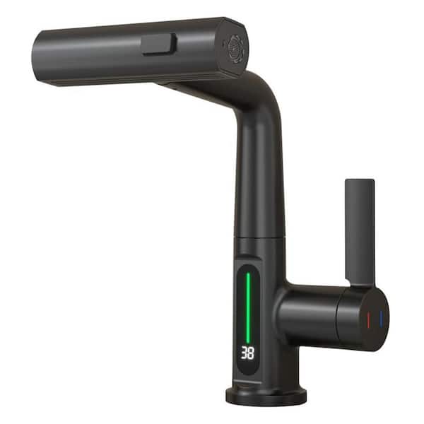 FLG Single Handle Single Hole LED Bathroom Faucet with Pull Out Sprayer Lift Waterfall Sink Basin Faucets in Matte Black