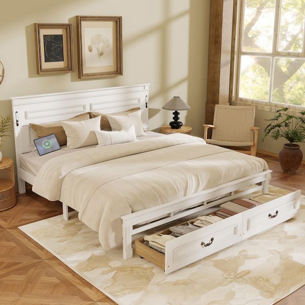 White Wood Frame King Size Platform Bed with Tall-panel Headboard & Footboard,strengthened Bed Frame
