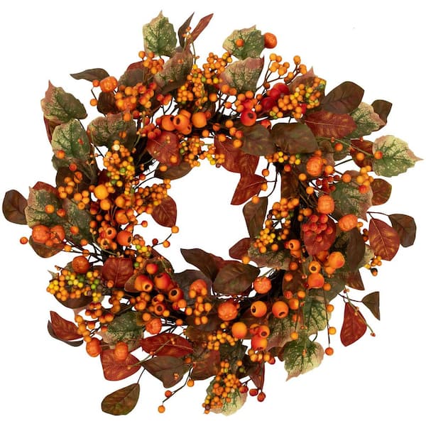 Mini Gourds and Berries Artificial Fall Harvest Wreath-24"-Orange and Green-Unlit