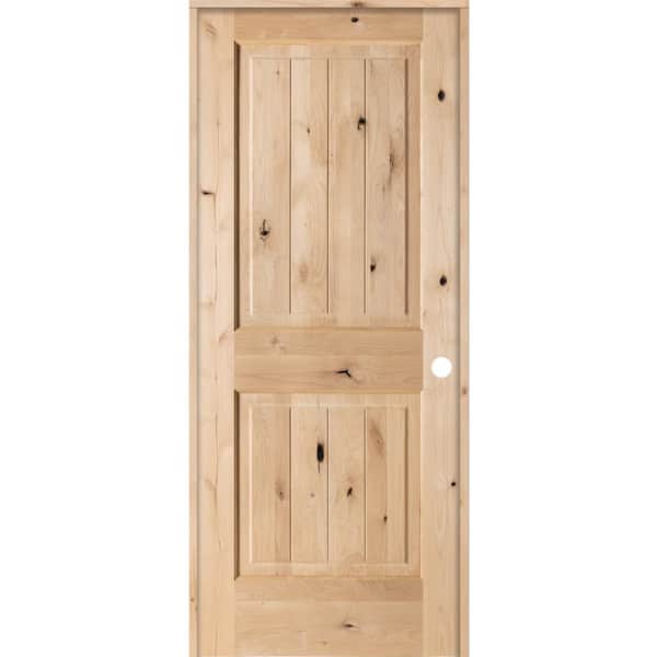Krosswood Doors 32 in. x 80 in. Knotty Alder 2 Panel Square Top V-Groove Solid Wood Left-Hand Single Prehung Interior Door
