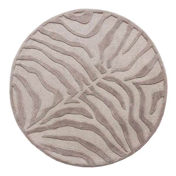 LR Home Lodge Taupe / Silver Zebra 5 ft. x 5 ft. Plush Round Indoor Area Rug