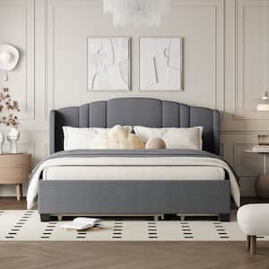 Gray Wood Frame Queen Size Linen Upholstered Platform Bed with Wingback Headboard, 2-Drawer, Twin Size Trundle