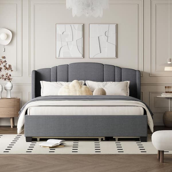 Harper & Bright Designs Gray Wood Frame Queen Size Linen Upholstered Platform Bed with Wingback Headboard, 2-Drawer, Twin Size Trundle
