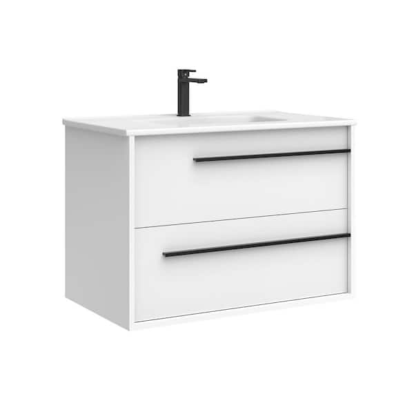 WS Bath Collections Lotus 32.0 in. W Single Basin Wall Mounted Bath Vanity in Glossy White with Ceramic White Top