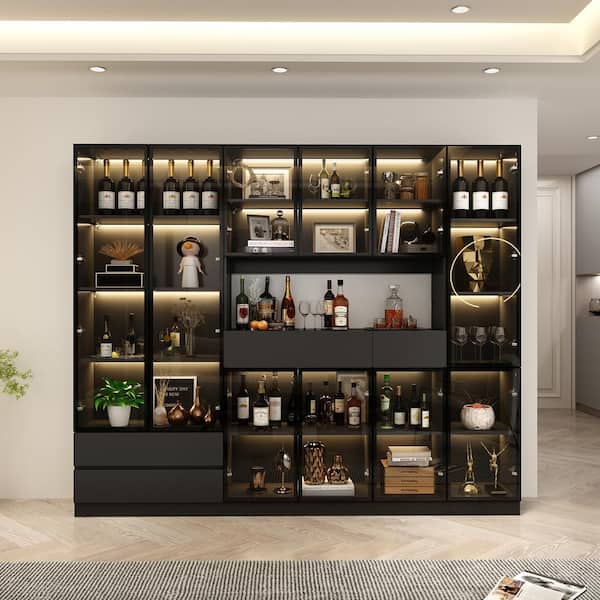 FUFU&GAGA Black Wood 94.4 in. W Food Pantry Cabinet Combo Kitchen Cabinet WITH Tempered Glass Doors, LED Lights, 5-Drawers, Hutch
