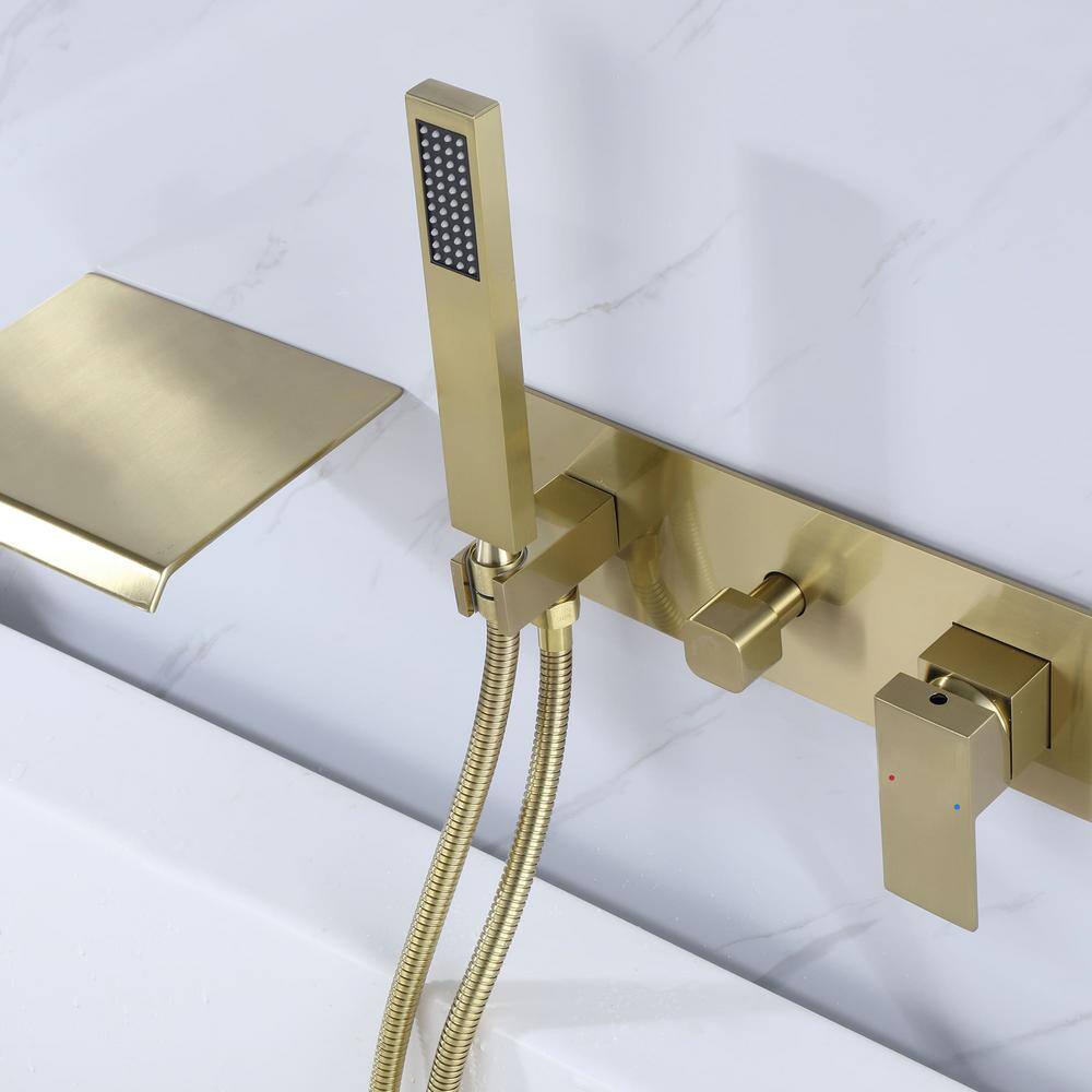 Brushed Gold Wall-Mounted Waterfall Tub Filler with Hand Shower