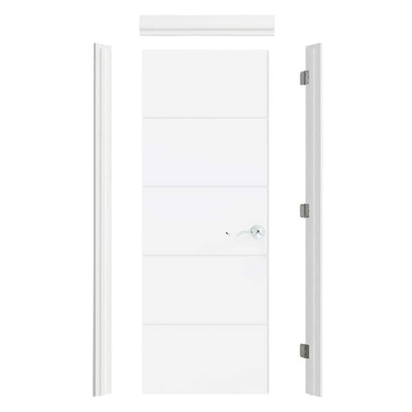 30in. x 80in. 5-Panel White Primed Composite Solid Core Prehung Interior Door Right-Handed with Jamb and Handle Hardware