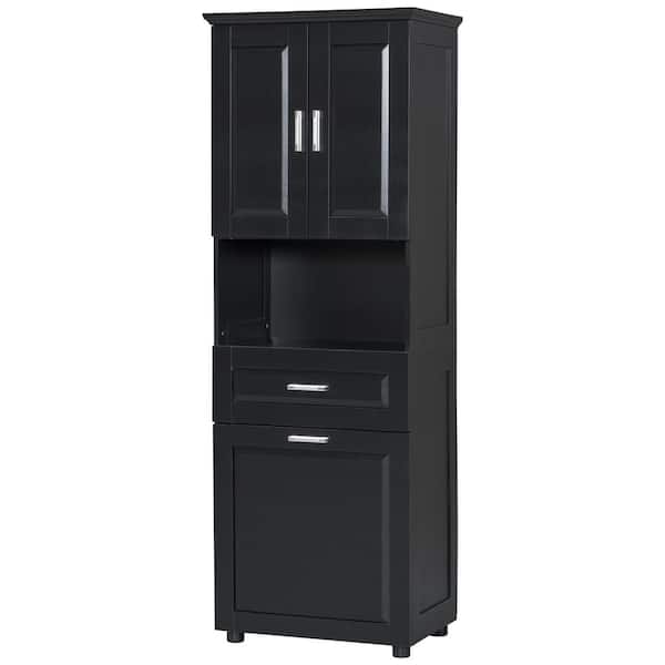 25 in. W x 16 in. D x 70 in. H Black MDF Freestanding Linen Cabinet with Laundry Basket, Drawers, Adjustable Shelf