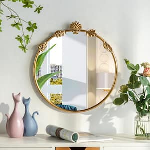 19 in. W x 20.7 in. H Round Framed Antique Gold Metal Carved Wall Bathroom Vanity Mirror