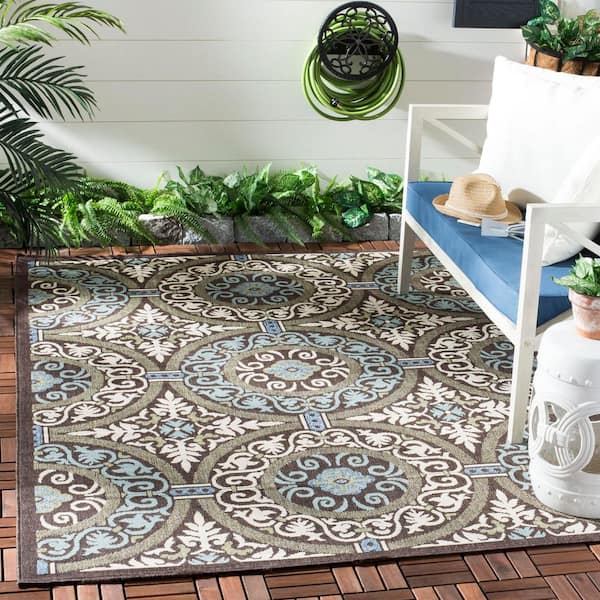 Veranda Chocolate/Cream 7 ft. x 7 ft. Border Geometric Indoor/Outdoor Square Area Rug