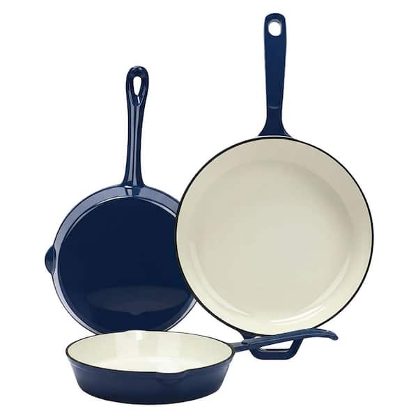 3-Piece Enameled Cast Iron Skillet Set Navy Blue Ceramic Nonstick Oven Induction Safe Gas Electric Cookware Set