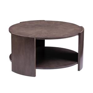 Rallen 32 in. Gray Washed/Brown Distressed Medium Round Wood Coffee Table with Shelf