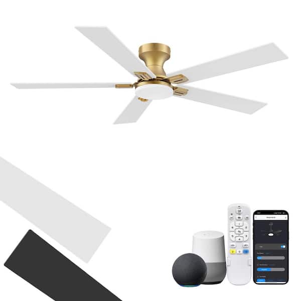 52 in.Smart Outdoor Indoor Gold White Flush Mount Ceiling Fan with LED Lights,Remote,Voice Control via Alexa,Dimmable