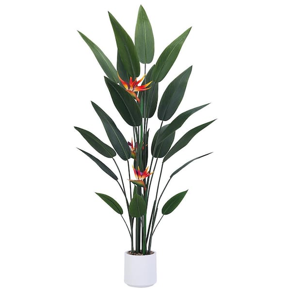 60 in. Artificial Bird of Paradise Plant in White Pot-Indoor Faux Tropical Decor
