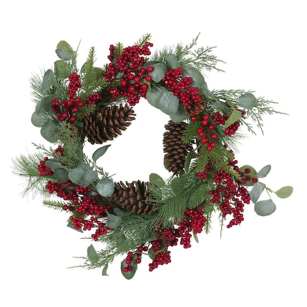 Tatahance Multi-Colored Berry Eucalyptus Pinecone Wreath Flower Wall Decal 22 in. x 22 in.