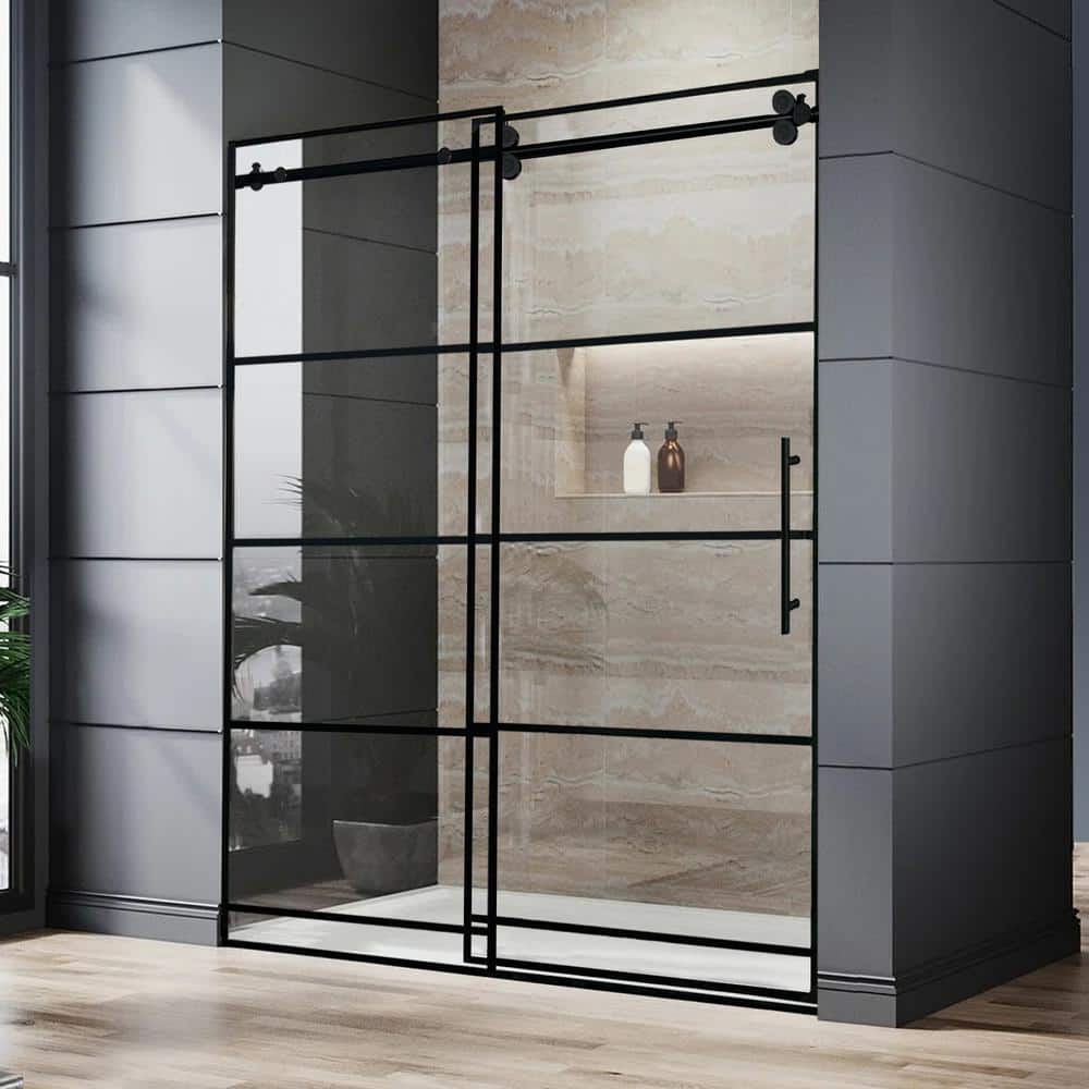 60" Matte Black Framed Sliding Shower Door with Stainless Steel Handle