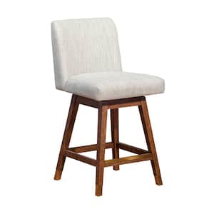 Basila 36.5 in. Product Height Brown Oak Swivel Wood 26 in. Seat Height Bar Stool with Beige Fabric Seat