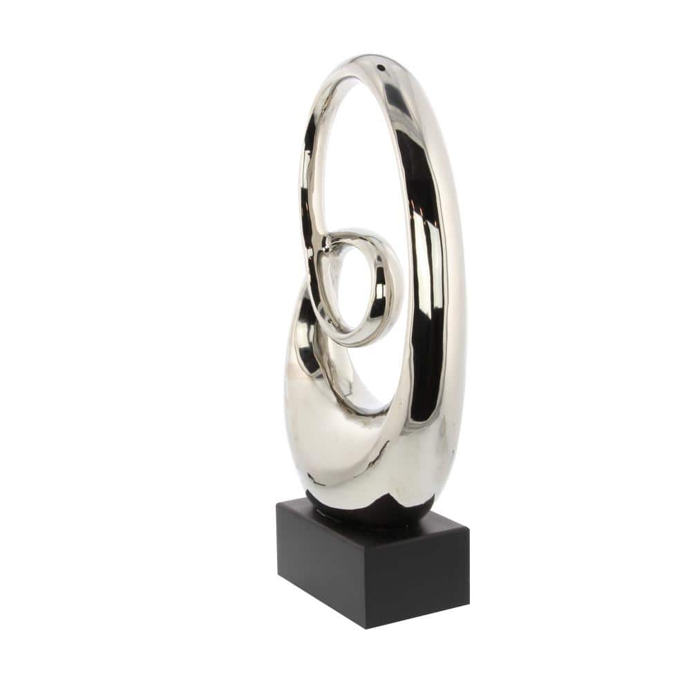 21" Silver Ceramic Swirl Abstract Sculpture with Black Base
