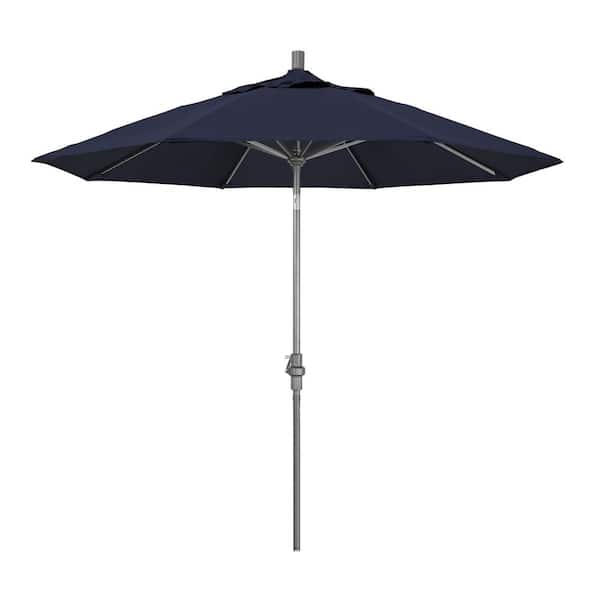 California Umbrella 9 ft. Hammertone Grey Aluminum Market Patio Umbrella with Collar Tilt Crank Lift in Navy Olefin