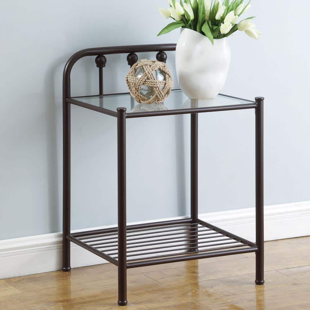 Livingston Dark Bronze 19.75" Glass-Top Nightstand with Linear Motifs