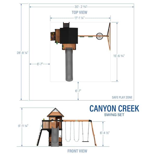 Canyon Creek Outdoor Kid's Playground Set w/ Rockwall, Upper Fort, Swing Set, Gray Wave Slide, and PlaySet Kitchen