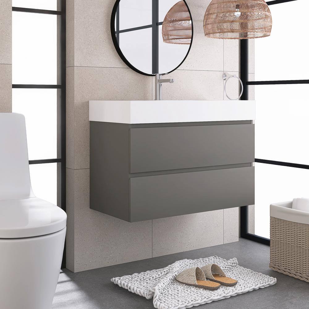 Grey Wall-Mounted Bathroom Vanity with White Resin Sink, 36"