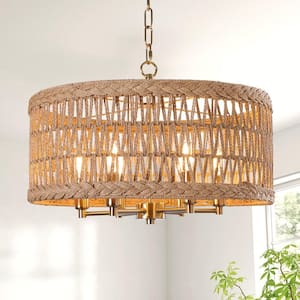 19.6 in. 6-Light Gold Bohemian Drum Chandelier with Natural Rattan Shade