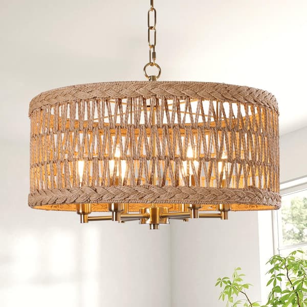 19.6 in. 6-Light Gold Bohemian Drum Chandelier with Natural Rattan Shade