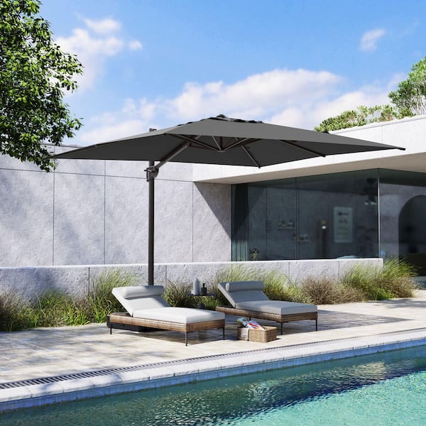 10.5 ft. x 9 ft. Aluminum Offset 360° Rotation Crank Tilt Cantilever Patio Umbrella in Gray, Fillable Base Included