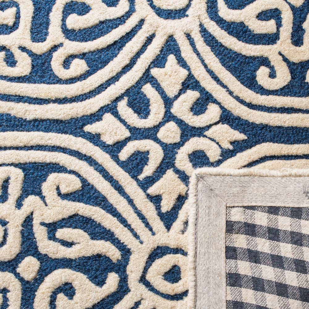 Ivory and Navy Blue Hand-Tufted Wool Geometric Square Rug