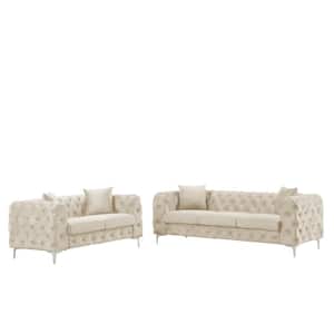 Modern Contemporary 2-Piece of Loveseat and Sofa Set with Deep Button Tufting Dutch Velvet Top in Beige