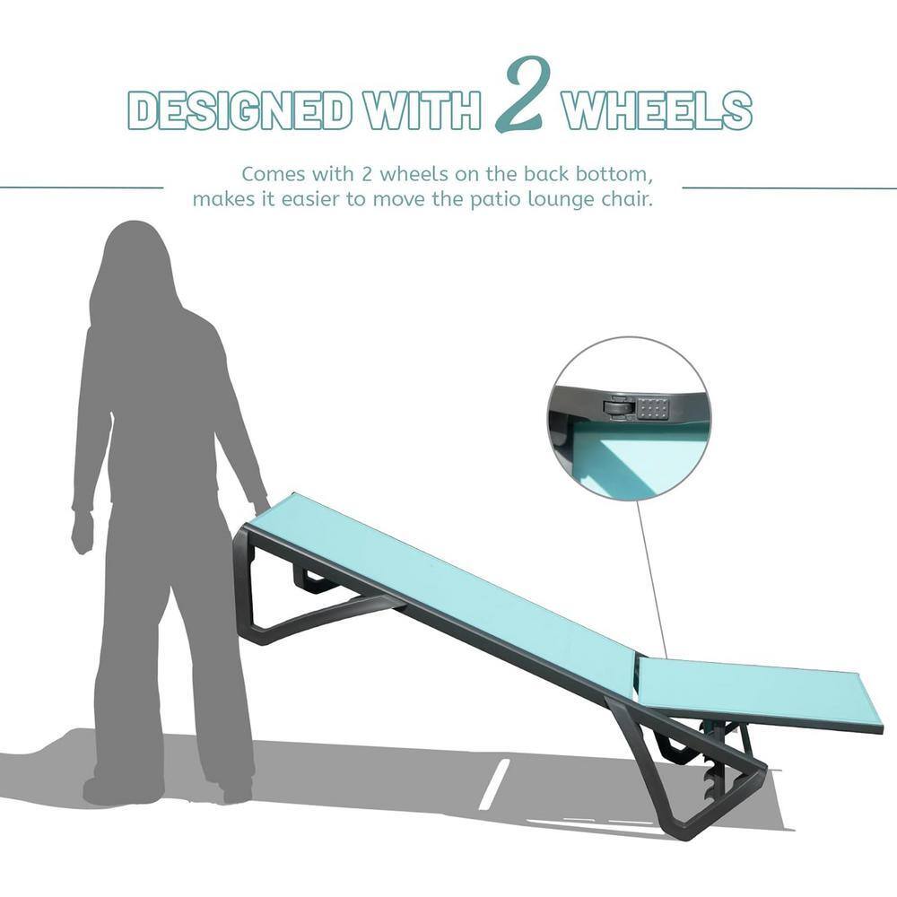 Diagram showing a person moving a lake blue chaise lounge using its built-in wheels.