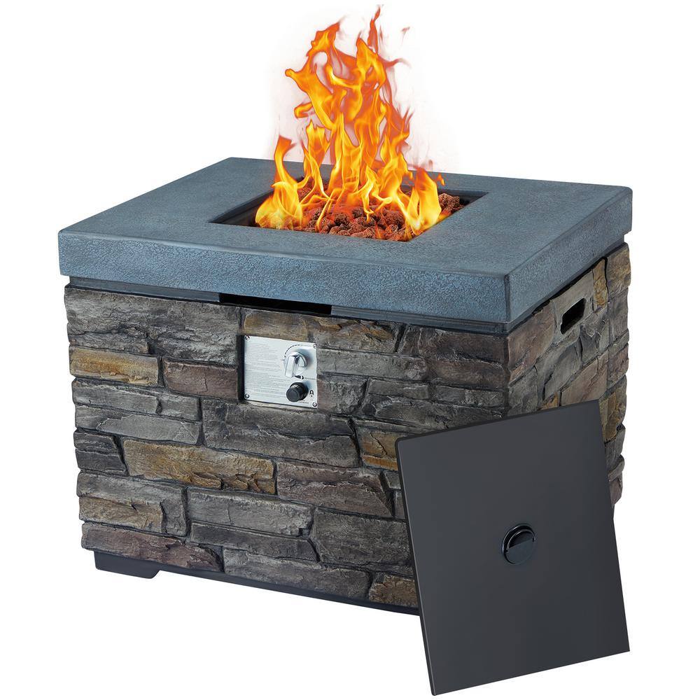 EROMMY Gray Rectangle Stone 24.8 in. Fire Pit Table with Lava Rocks and ...