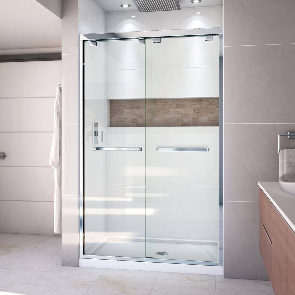 Encore 32 in. D x 48 in. W x 78.75 in. H Semi-Frameless Sliding Shower Door in Chrome with Center Drain White Base price history on PriceWatchPro