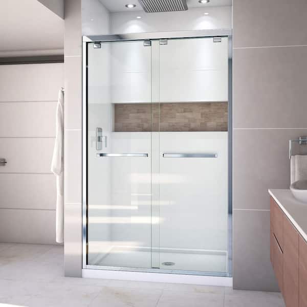 DreamLine Encore 34 in. D x 48 in. W x 78.75 in. H Semi-Frameless Sliding Shower Door in Chrome with Center Drain White Base