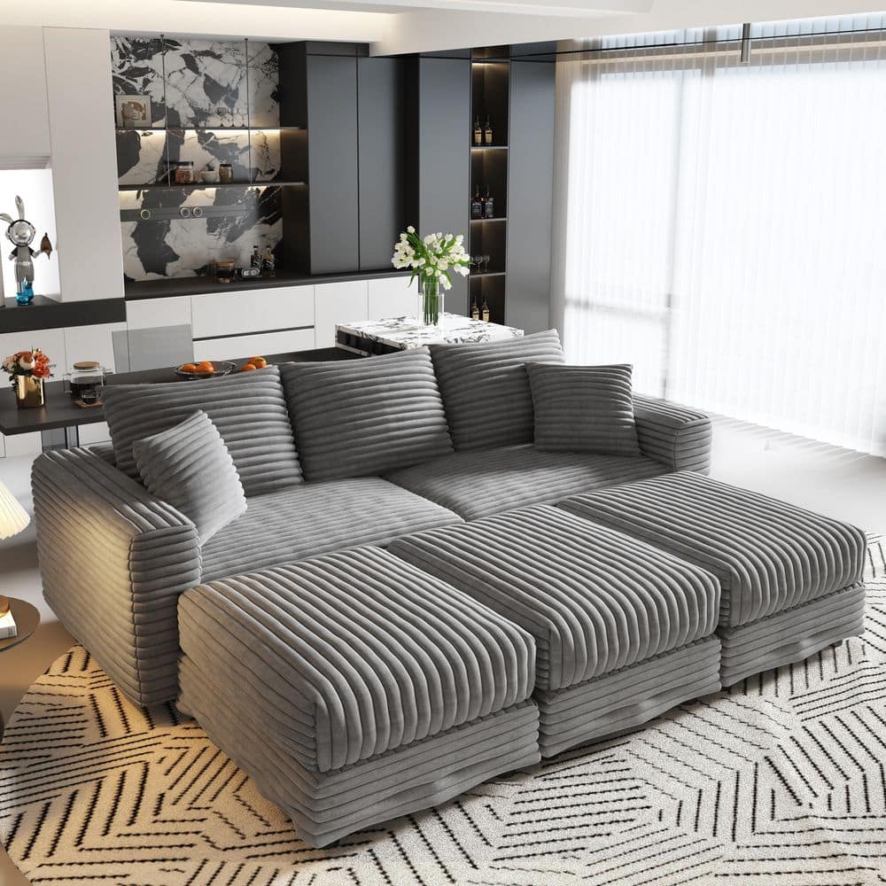 Free Combined 82.7 in Corduroy Sectional Sofa in Gray with 3-Movable Ottomans, Transform to Lounge Chair or Sofa Bed price history on PriceWatchPro