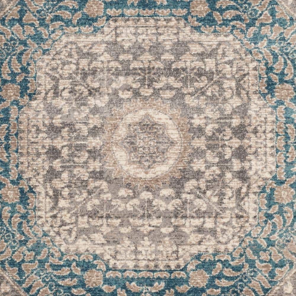Light Grey and Blue Floral Motif Square Area Rug