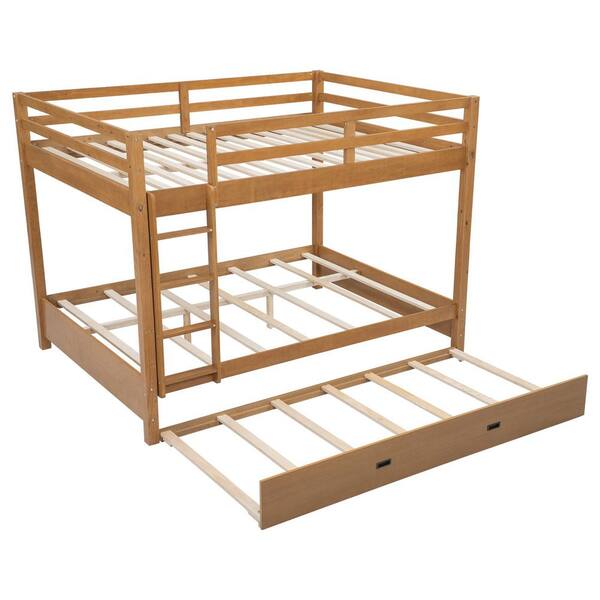 Natural Queen Size Bunk Bed with Ladder and Trundle