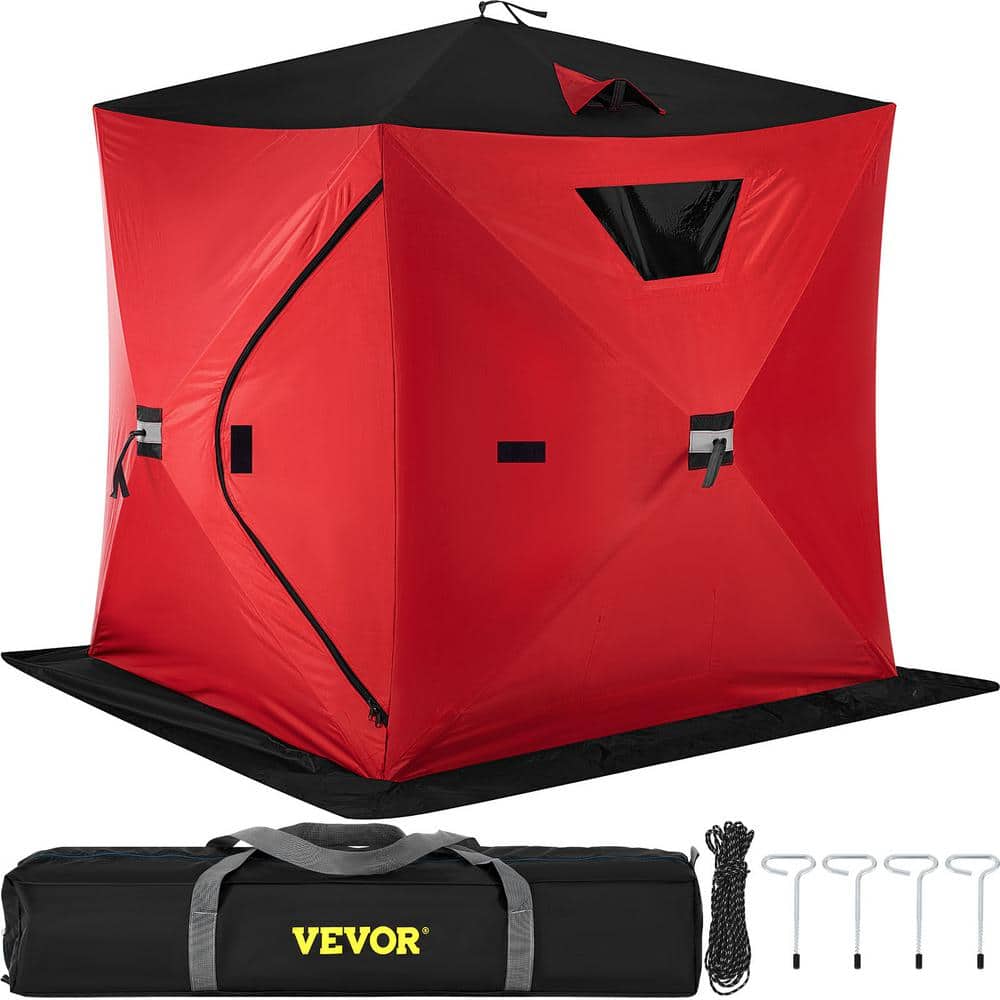 300 D Ice Shelter 2 Person Pop-Up Ice Fishing Hut with Oxford Fabric Waterproof Ice Fishing Tent for Expedition, Red