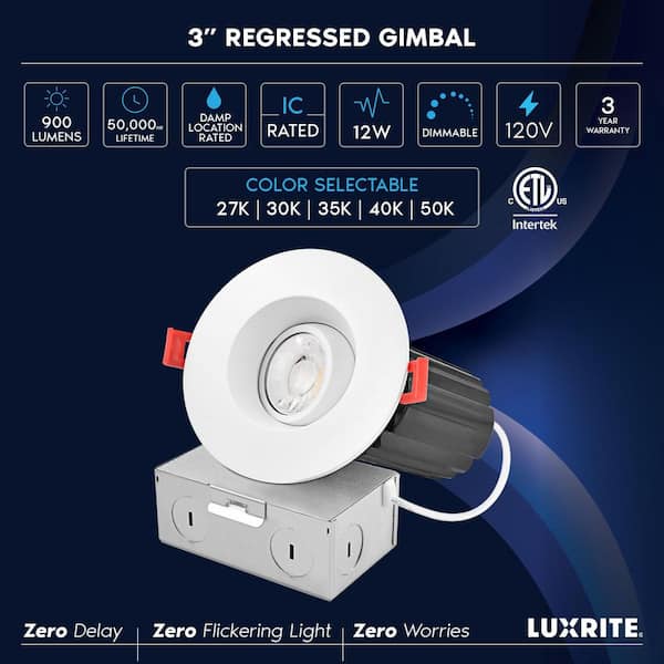 4-Pack 3 in. Integrated LED Recessed Light J-Box Gimbal 5CCT 12W 900LM Dimmable Directional LED Downlight IC Rated Damp